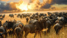 Herd of wildebeest grazing in the plains of the Serengeti National Park, Tanzania, at sunset