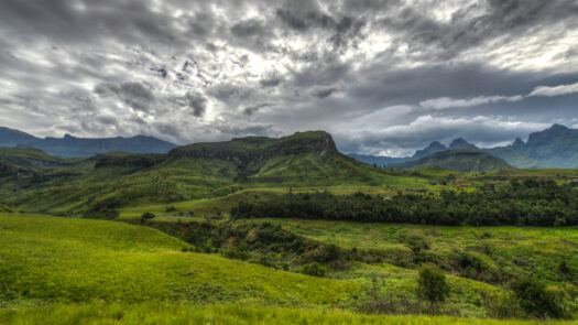 Dramatic view of the hills of the Drakensberg Range in the Giants Castle Game Reserve, KwaZulu-Natal, South Africa.