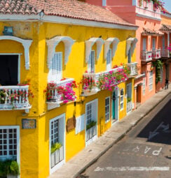 Colorful buildings in a street of the old city of Cartagena (Cartagena de Indias) in Colombia, South America