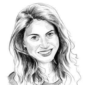 Black and white illustration of Melania Siriu's headshot