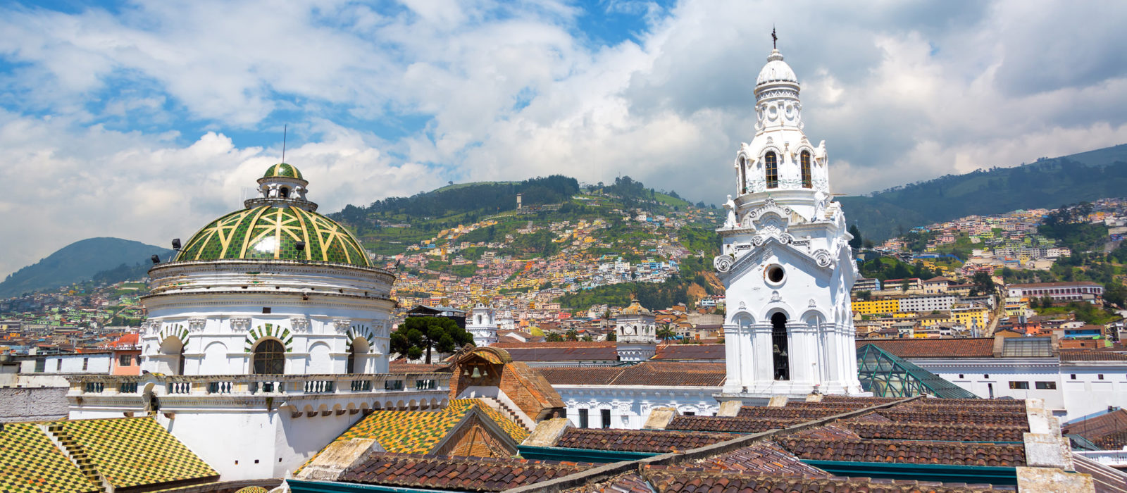View from the roof of the cathedral with populated hills visible in the background in the historic colonial center of Quito, Ecuador