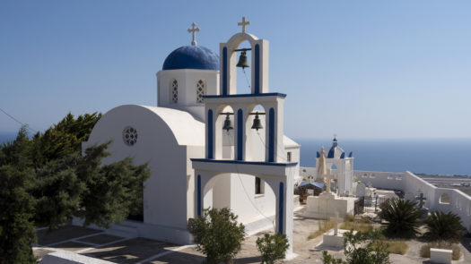Church and cemetery in Exo Gonia on the island of Santorini in Greece.