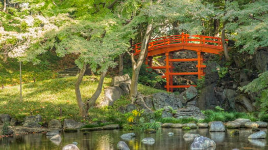 Tokyo, footbridge, ornamental garden, red, Japan, Koishikawa Korakuen garden,