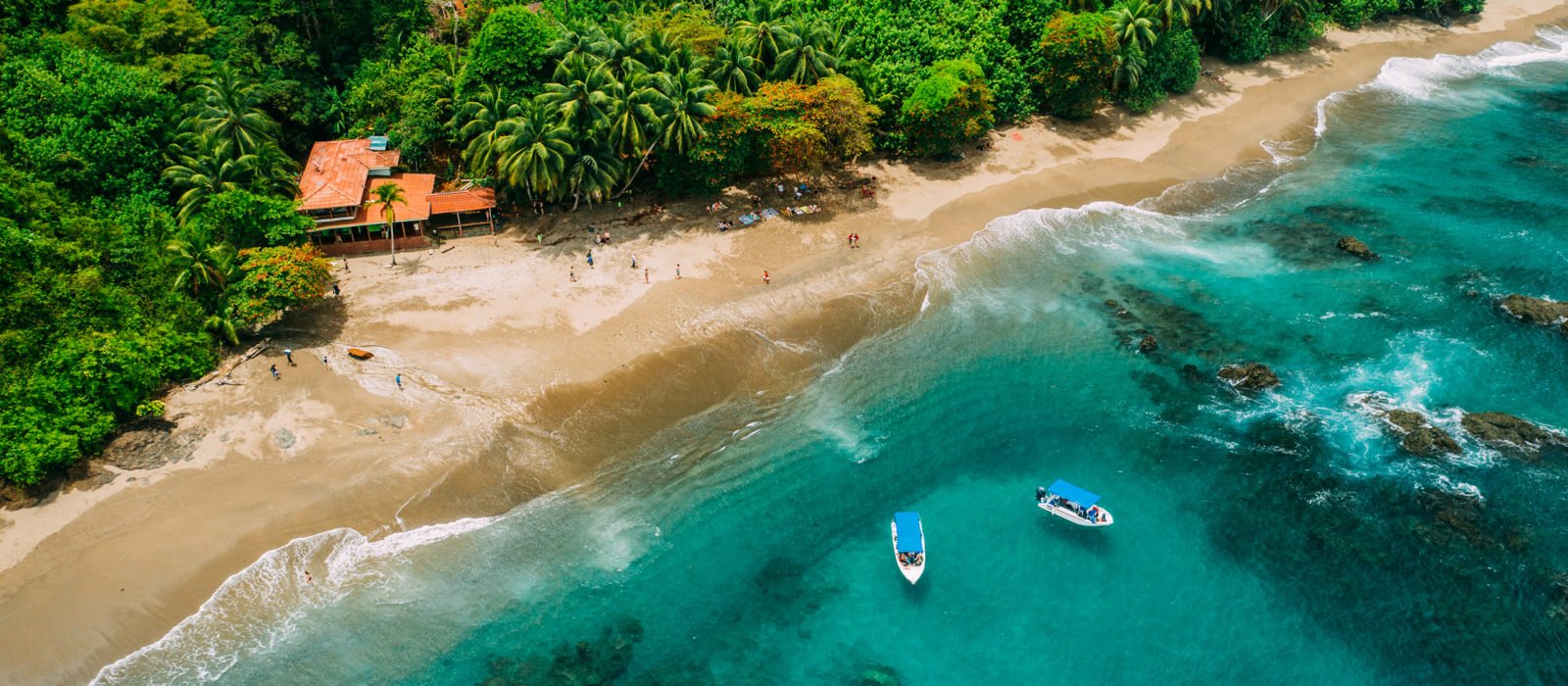 Aerial view of a tropical island with lush jungle coastline in Isla del Caño, Costa Rica