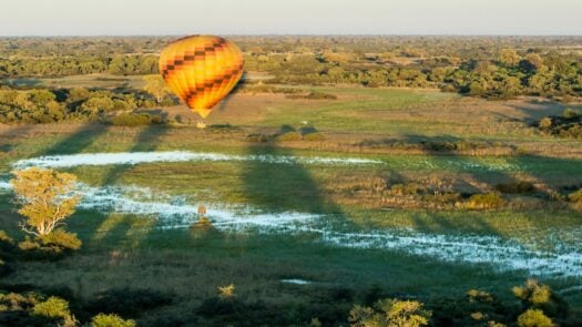 A hot air balloon flying over Botswana