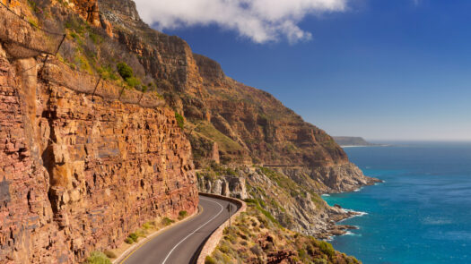 The winding Champman's Peak Drive overlooking the ocean in Cape Town, South Africa.