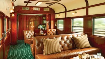 The elegant Club Lounge of a Rovos Rail train in SOuth Africa.