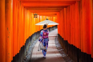 Woman in traditional kimono and umbrella walking at Torii Gates, Japan