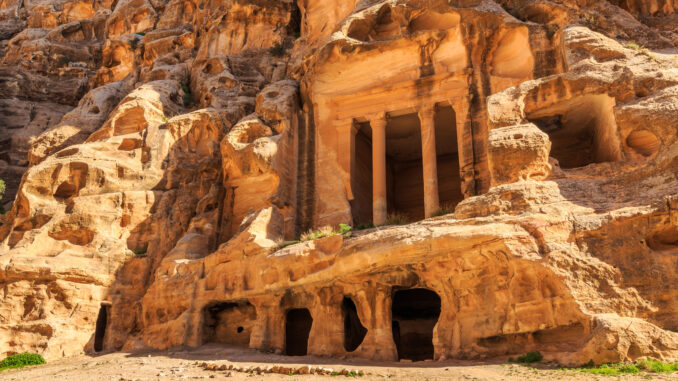Caved buildings of Little Petra in Siq al-Barid, Wadi Musa, Jordan at daytime