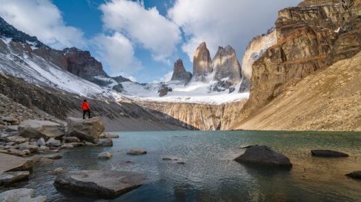 Hiker at Mirador Las Torres in Torres del Paine National Park, Chile, Patagonia, South America.