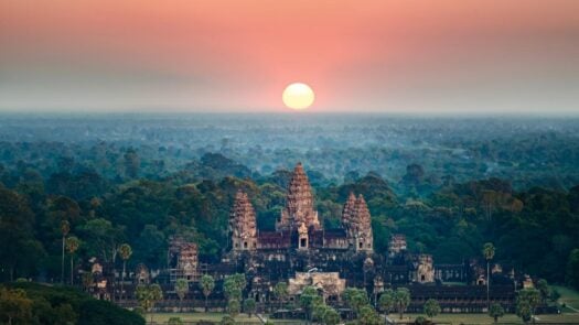Beautiful aerial view of Angkor Wat at sunrise Siem reap Cambodia