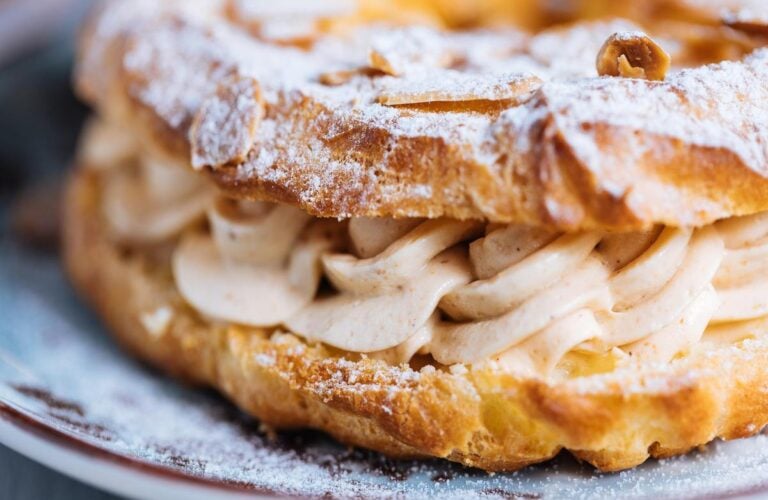 Dessert called Paris Brest made from choux pastry