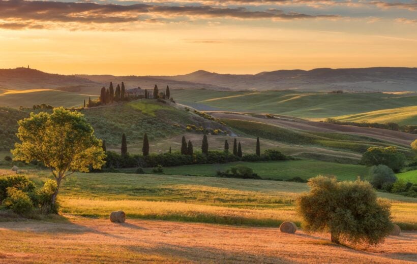 Magnificent spring landscape at sunrise in Tuscany