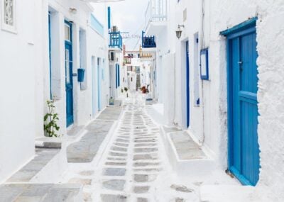 Traditional whitewashed street of Mykonos town
