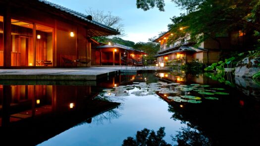 Hoshinoya ryokan, Kyoto. Located by the Oi River.