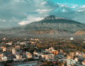 Aerial view of Arusha City in front of Mount Meru, Tanzania