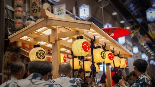 Ofunehoko float at Nishiki Ichiba market during Gion matsuri festival in Kyoto, Japan