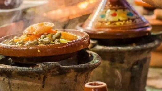 A selection of very colorful Moroccan tajines (traditional casserole dishes)