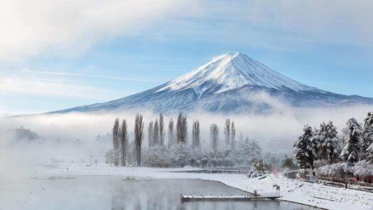 Mountain fuji and lake kawaguchi in the snow